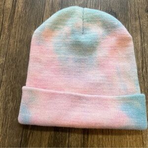 Tie Dye Pink Blue Beanie Cuffed Knitted Hat Winter Snow Holiday One Size